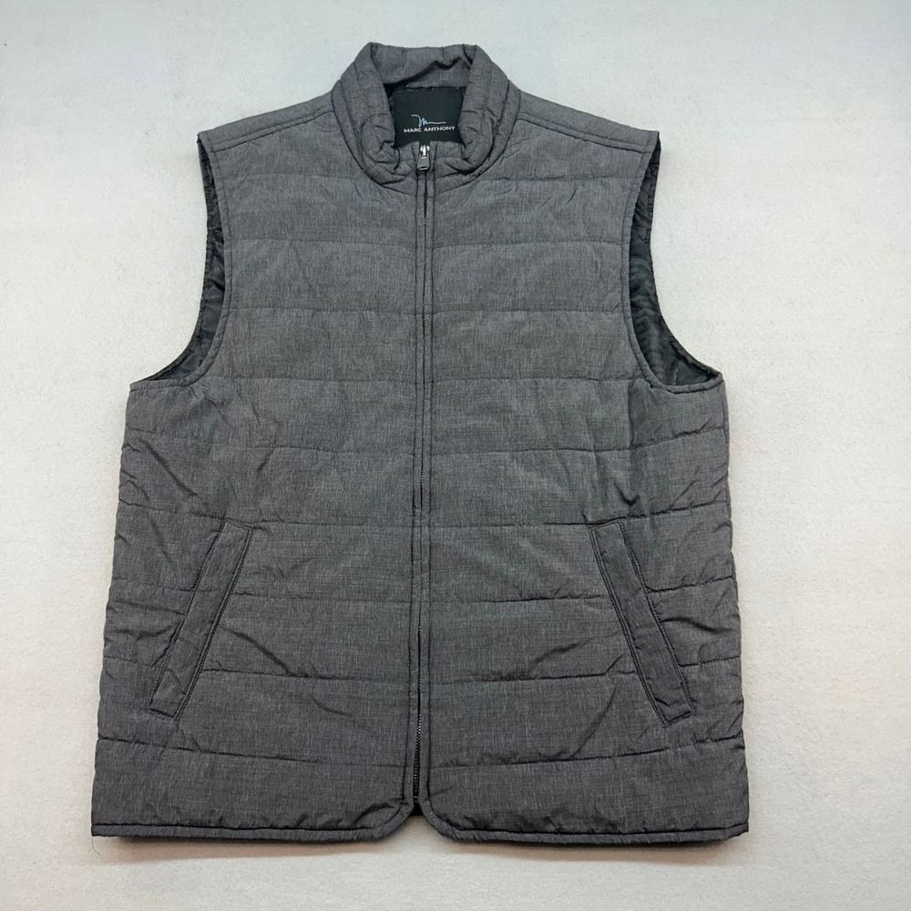 Marc Anthony Mens Puffer Vest Gray Quilted Full Zip Mock Neck Size M
